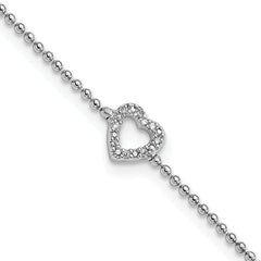 Cheryl M Sterling Silver Rhodium-plated Polished and Beaded CZ Heart 9.5 Inch with 1 Inch Extension Anklet