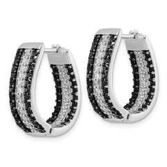 Cheryl M Sterling Silver Rhodium-plated Polished Black and White CZ Oval In and Out Hoop Earrings