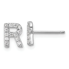 Cheryl M Sterling Silver Rhodium-plated Polished Letter R CZ Initial Post Earrings