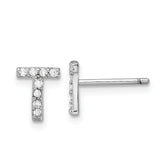Cheryl M Sterling Silver Rhodium-plated Polished Letter T CZ Initial Post Earrings