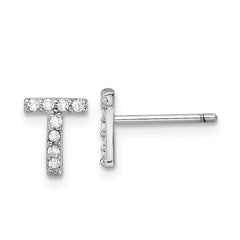 Cheryl M Sterling Silver Rhodium-plated Polished Letter T CZ Initial Post Earrings