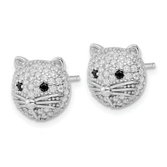 Cheryl M Sterling Silver Rhodium-plated Polished Black and White CZ Cat Post Earrings