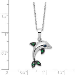 Cheryl M Sterling Silver Rhodium-plated with Black Rhodium Polished Blue and Green CZ Dolphin 16 Inch with 2 Inch Extension Necklace