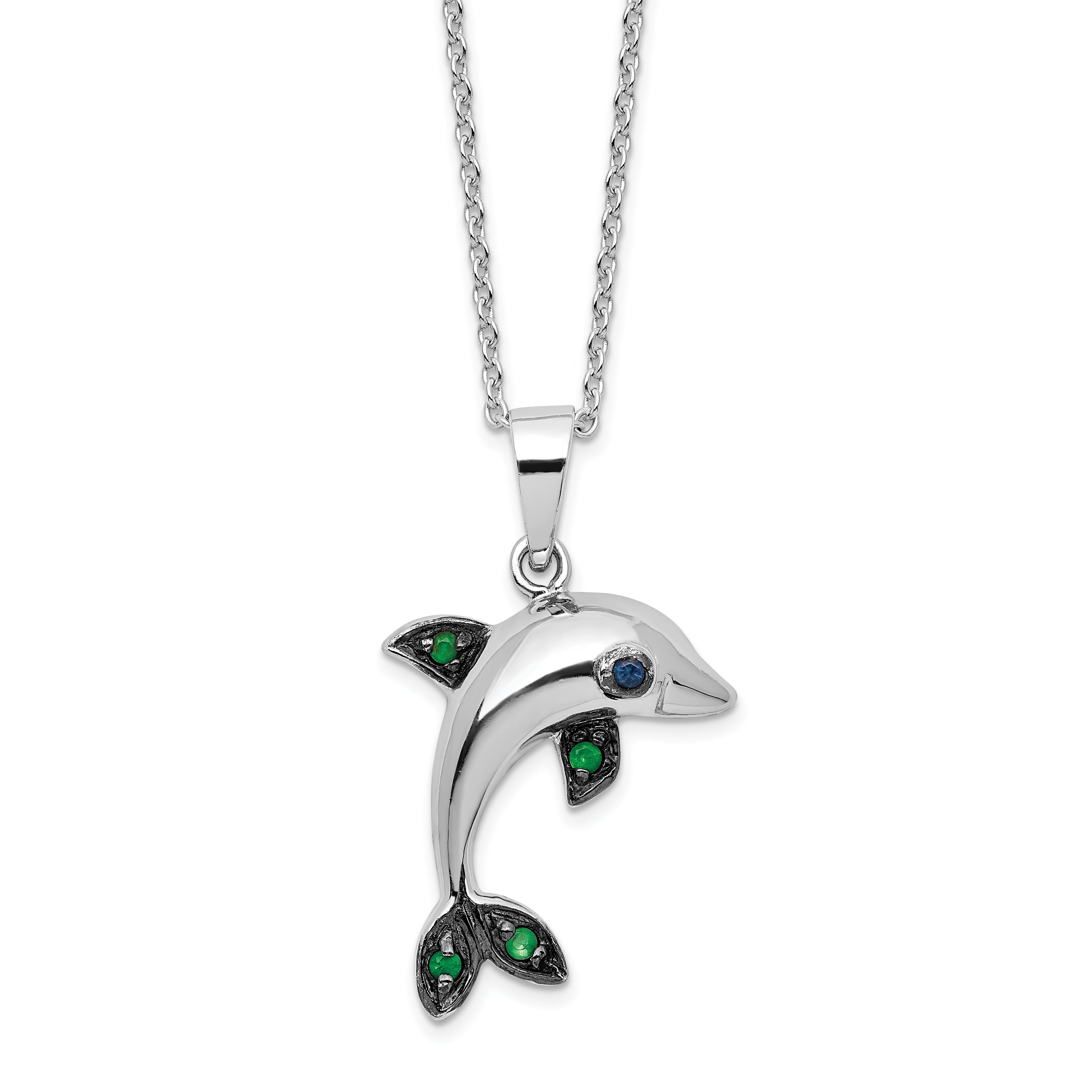 Cheryl M Sterling Silver Rhodium-plated with Black Rhodium Polished Blue and Green CZ Dolphin 16 Inch with 2 Inch Extension Necklace