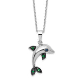 Cheryl M Sterling Silver Rhodium-plated with Black Rhodium Polished Blue and Green CZ Dolphin 16 Inch with 2 Inch Extension Necklace