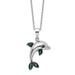Cheryl M Sterling Silver Rhodium-plated with Black Rhodium Polished Blue and Green CZ Dolphin 16 Inch with 2 Inch Extension Necklace