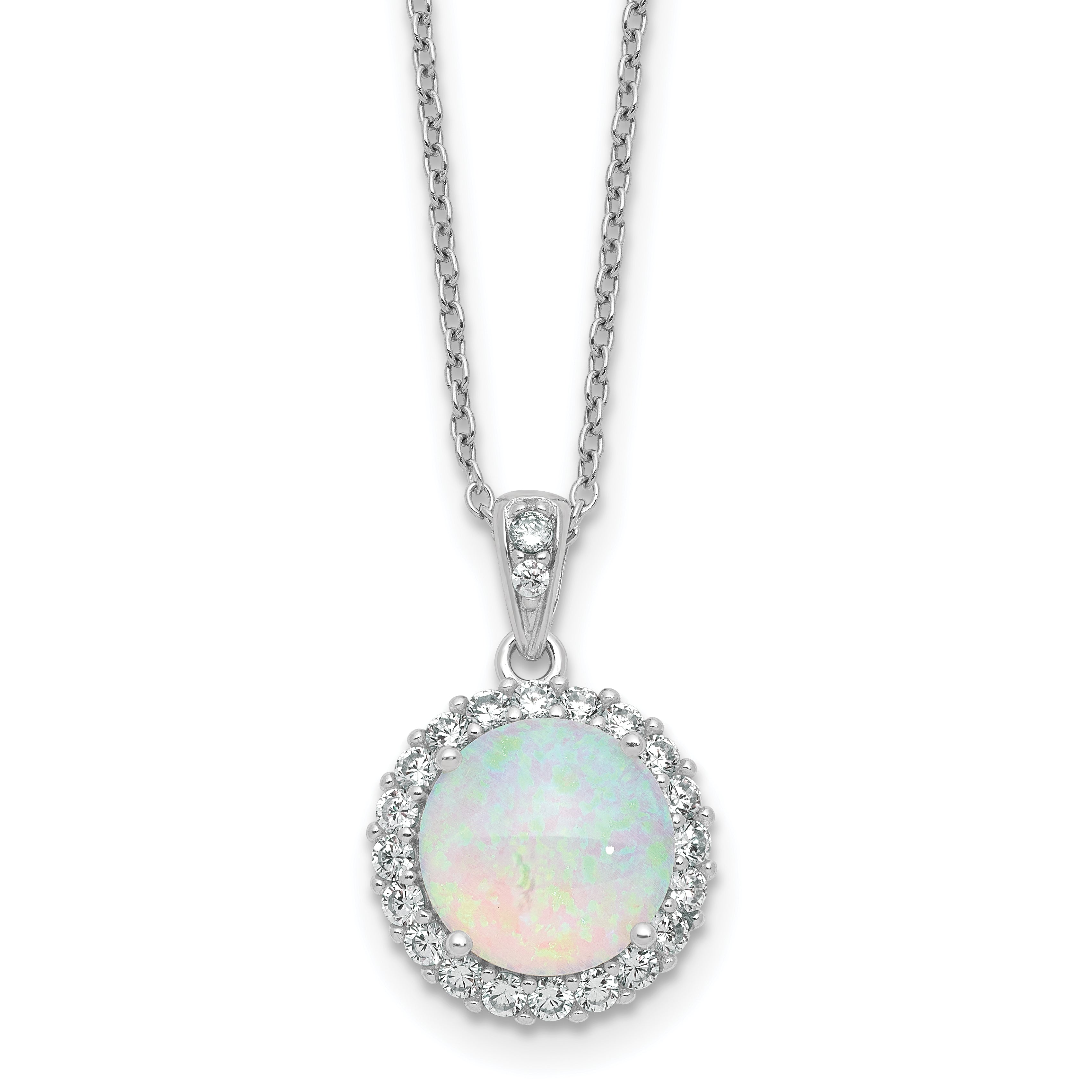 Cheryl M Sterling Silver Rhodium-plated Polished Lab Created Opal and CZ Halo Circle 16 Inch with 2 Inch Extension Necklace