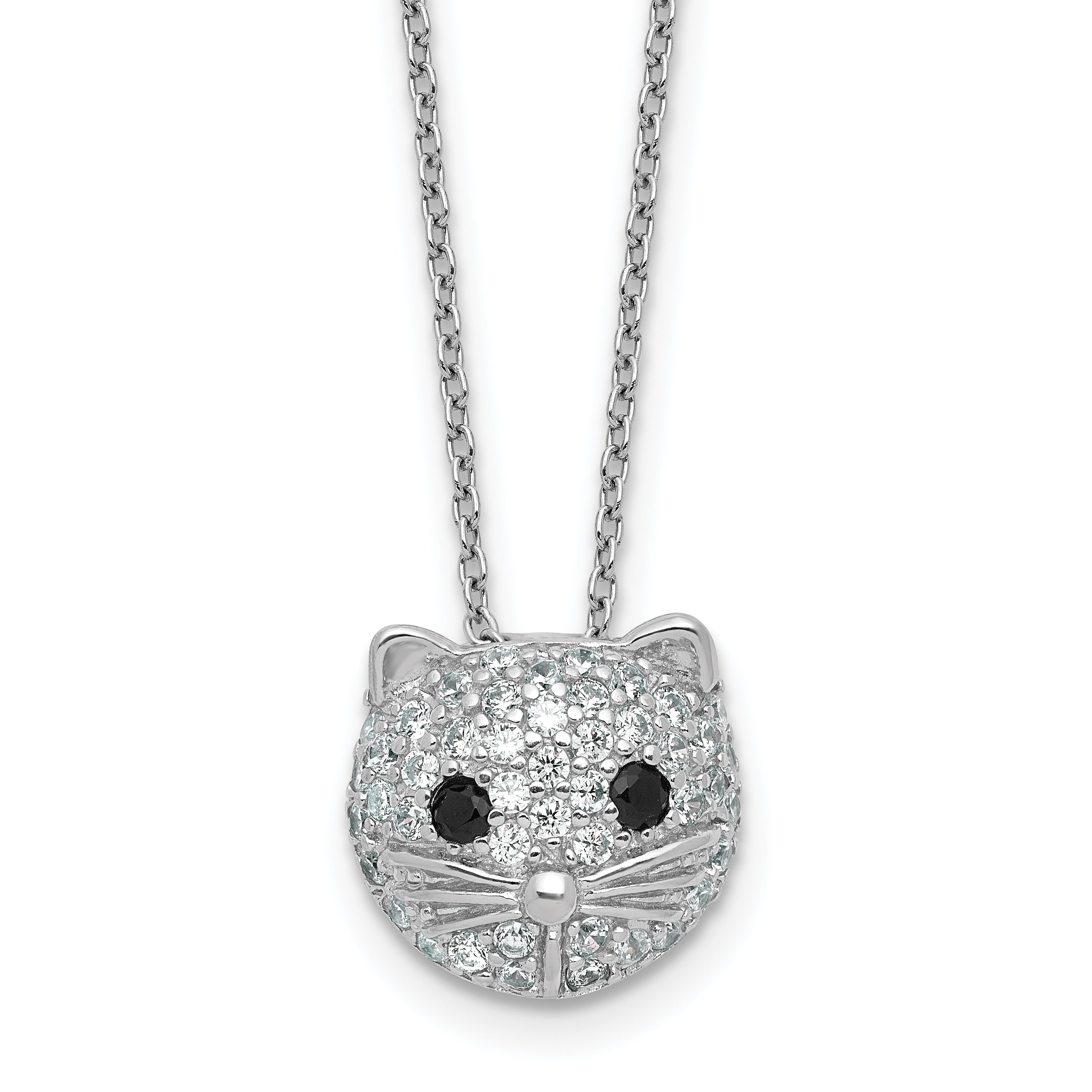 Cheryl M Sterling Silver Rhodium-plated Polished Black and White CZ Cat 16 Inch with 2 Inch Extension Necklace