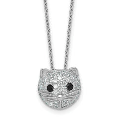 Cheryl M Sterling Silver Rhodium-plated Polished Black and White CZ Cat 16 Inch with 2 Inch Extension Necklace