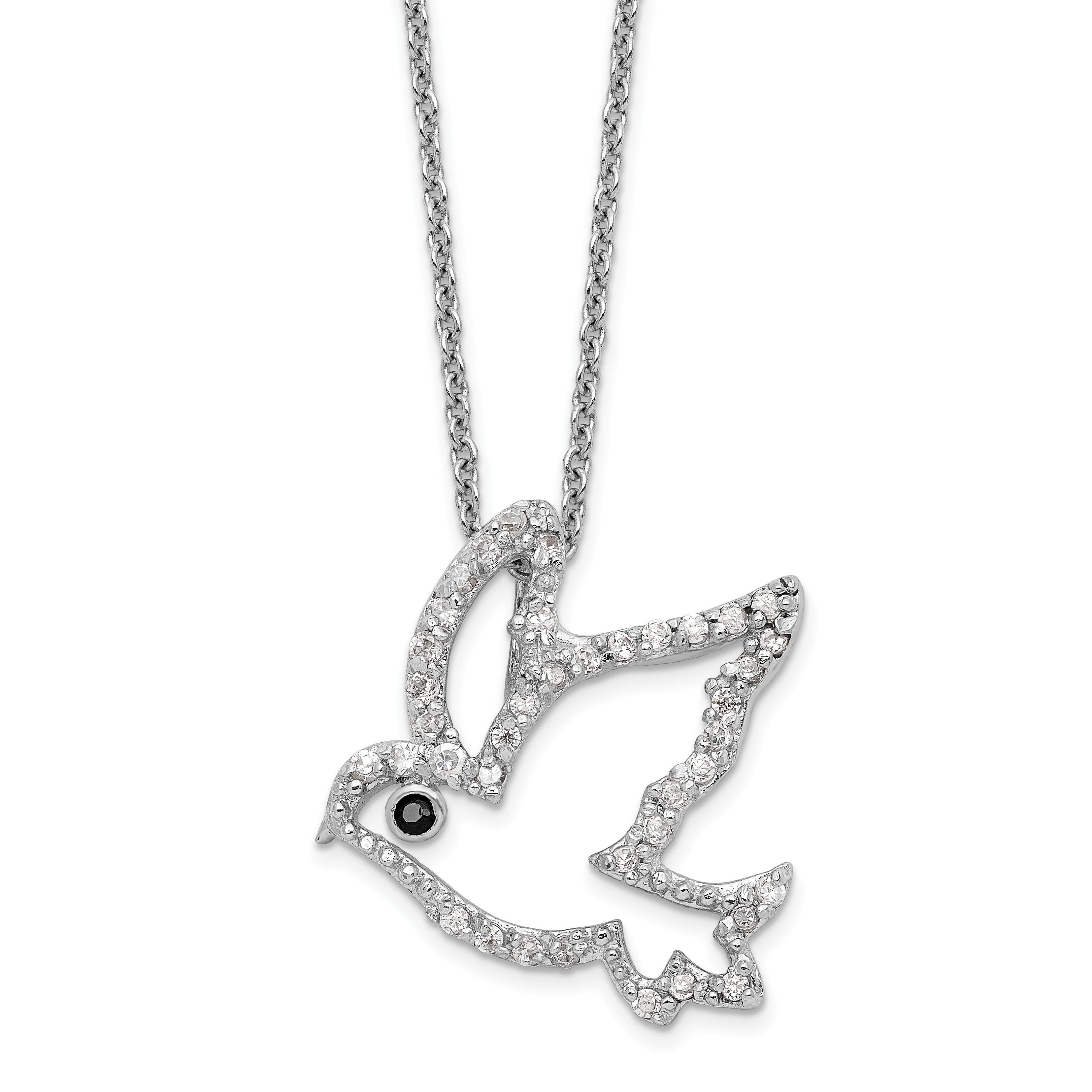 Cheryl M Sterling Silver Rhodium-plated Polished Black and White CZ Dove 16 Inch with 2 Inch Extension Necklace
