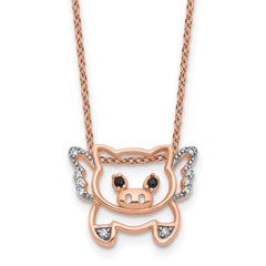 Cheryl M Sterling Silver Rose Gold-plated Polished Black and White CZ Flying Pig 16 Inch with 2 Inch Extension Necklace