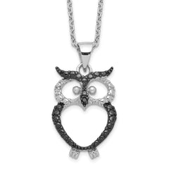 Cheryl M Sterling Silver Rhodium-plated with Black Rhodium Polished Black and White CZ Owl 16 Inch with 2 Inch Extension Necklace