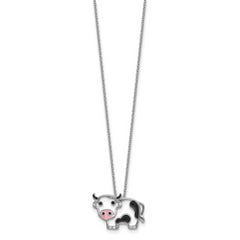 Cheryl M Sterling Silver Rhodium-plated Polished and Enameled Black and White CZ Cow 16 Inch with 2 Inch Extension Necklace