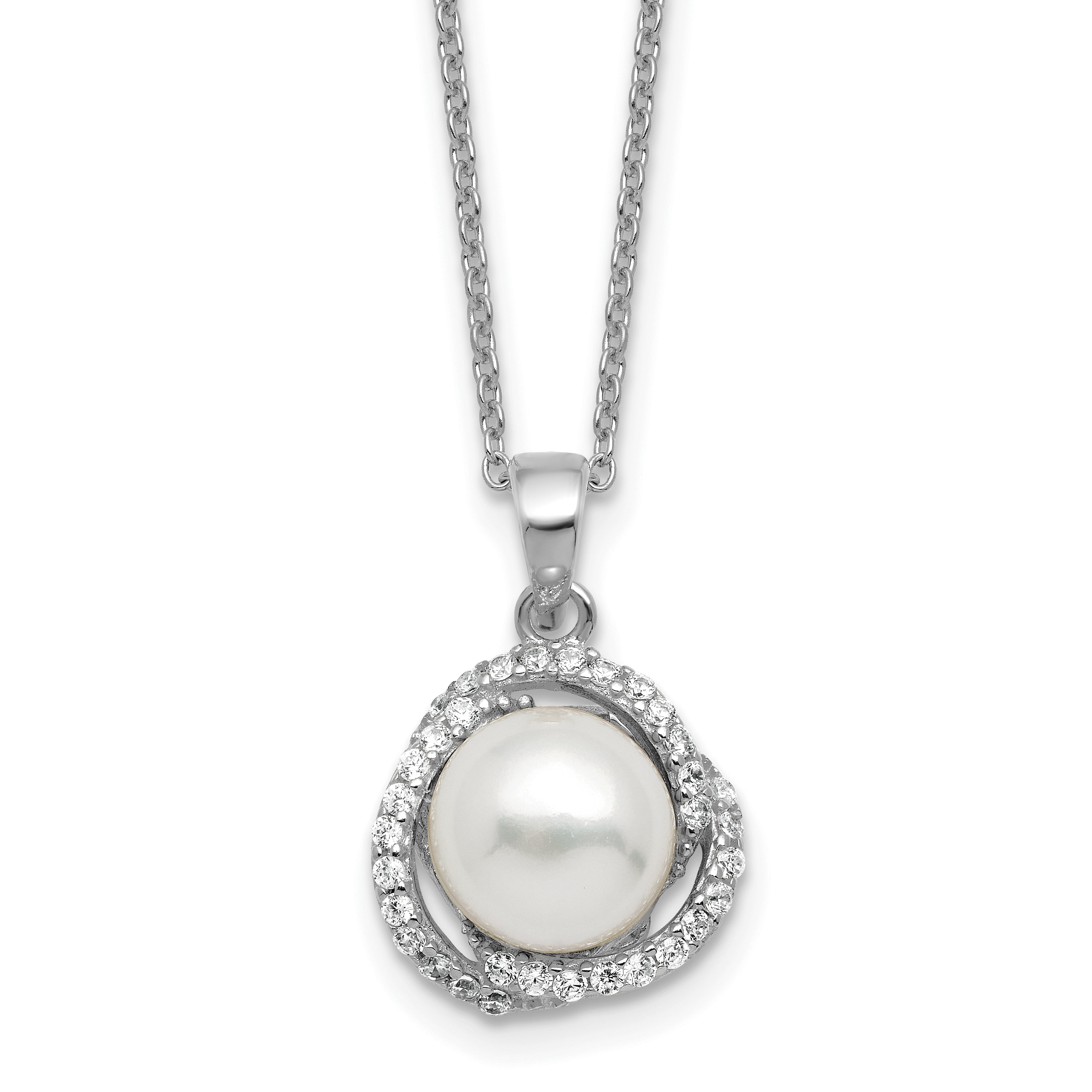 Cheryl M Sterling Silver Rhodium-plated Polished Freshwater Cultured Pearl and CZ 16 Inch with 2 Inch Extension Necklace
