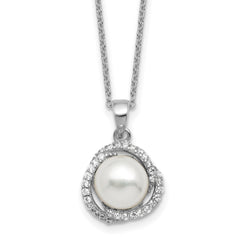 Cheryl M Sterling Silver Rhodium-plated Polished Freshwater Cultured Pearl and CZ 16 Inch with 2 Inch Extension Necklace