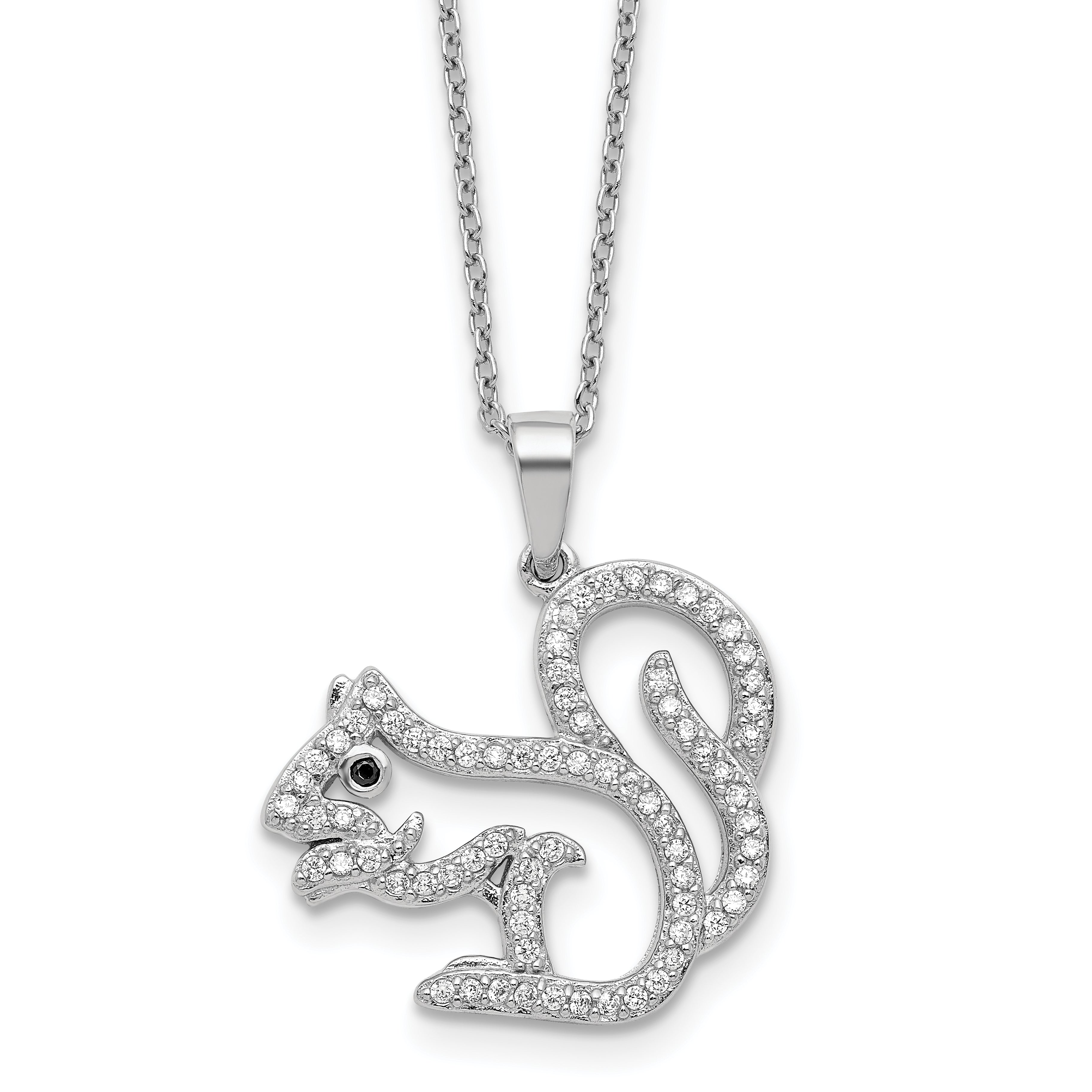 Cheryl M Sterling Silver Rhodium-plated Polished Black and White CZ Squirrel 16 Inch with 2 Inch Extension Necklace