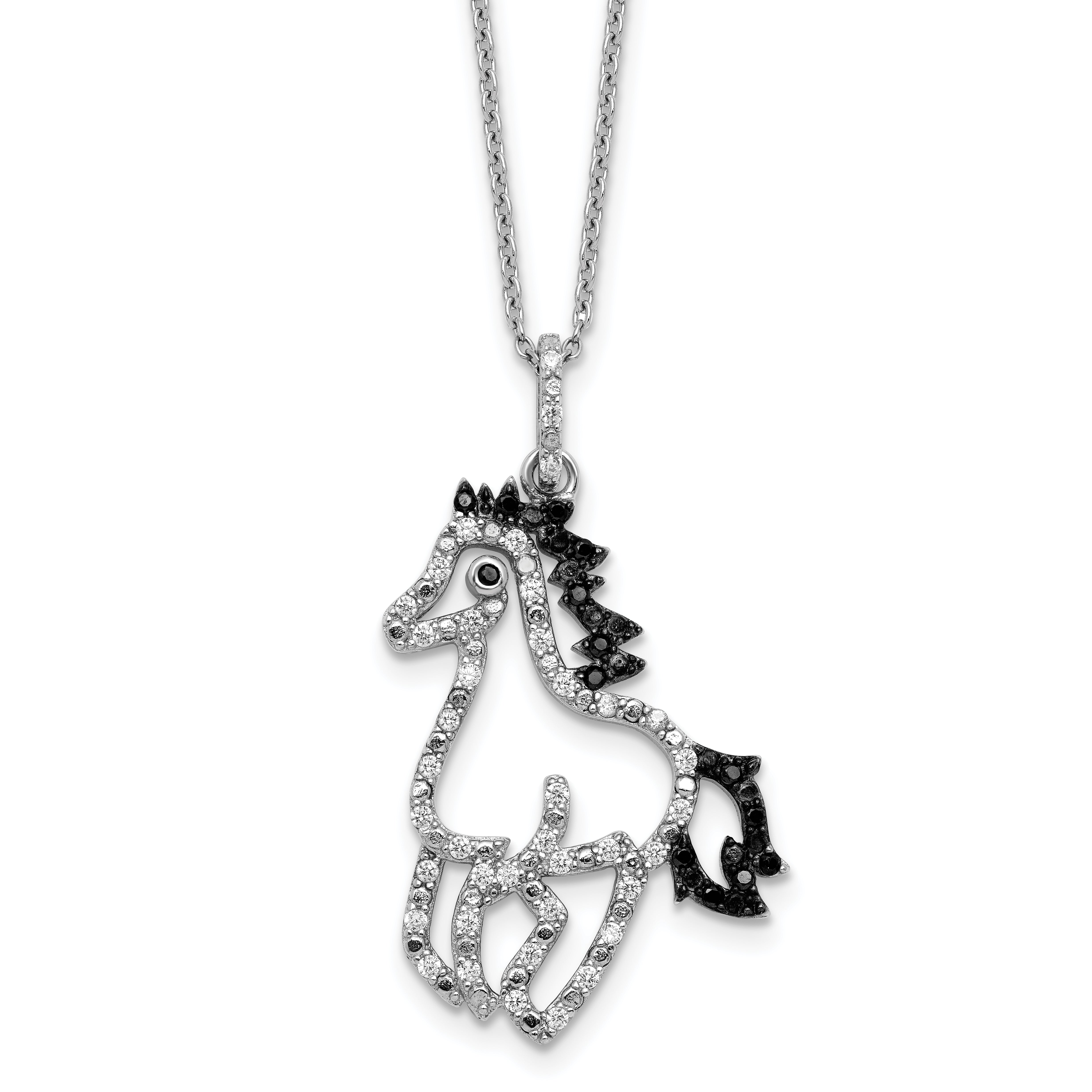 Cheryl M Sterling Silver Rhodium-plated Polished Black and White CZ Horse 16 Inch with 2 Inch Extension Necklace