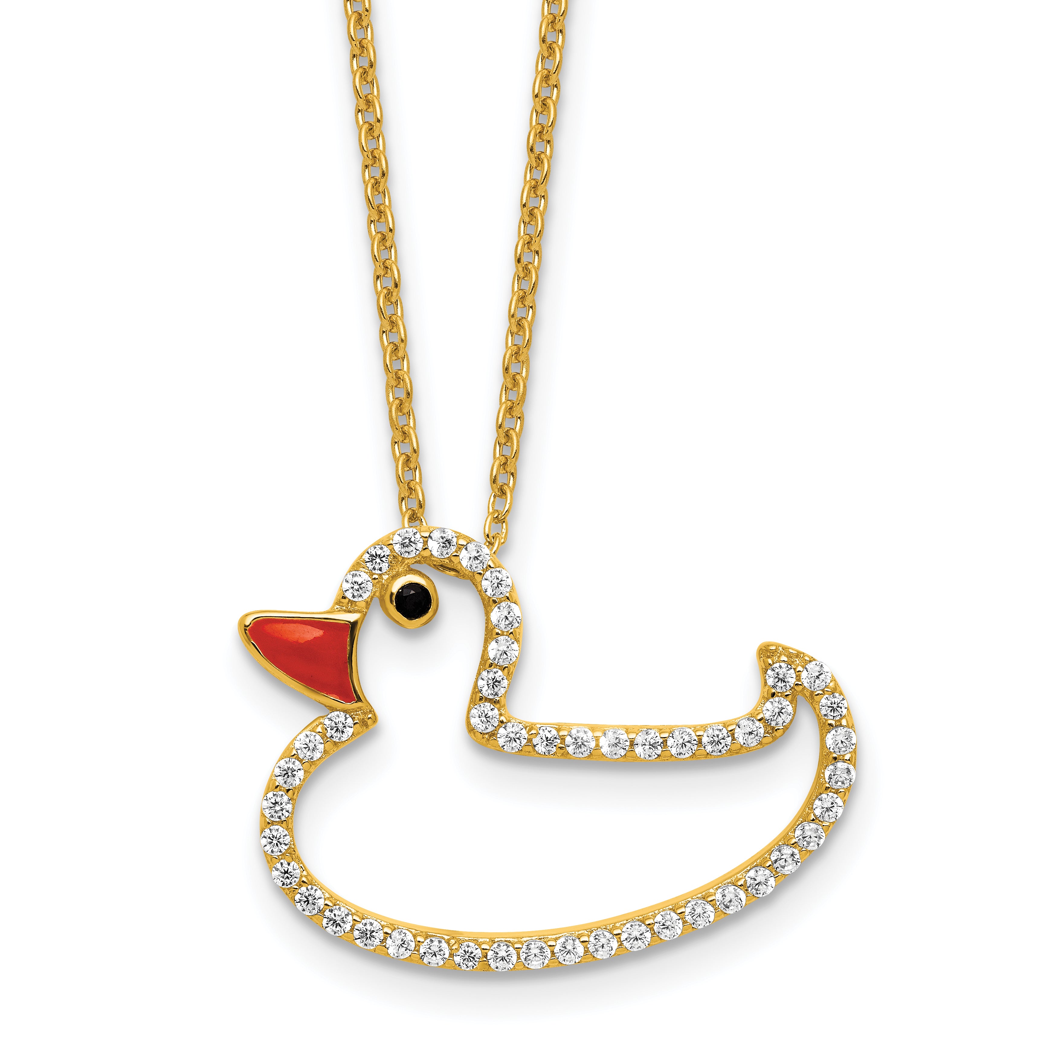 Cheryl M Sterling Silver Gold-plated Polished Black and White CZ Enameled Duck 16 Inch with 2 Inch Extension Necklace