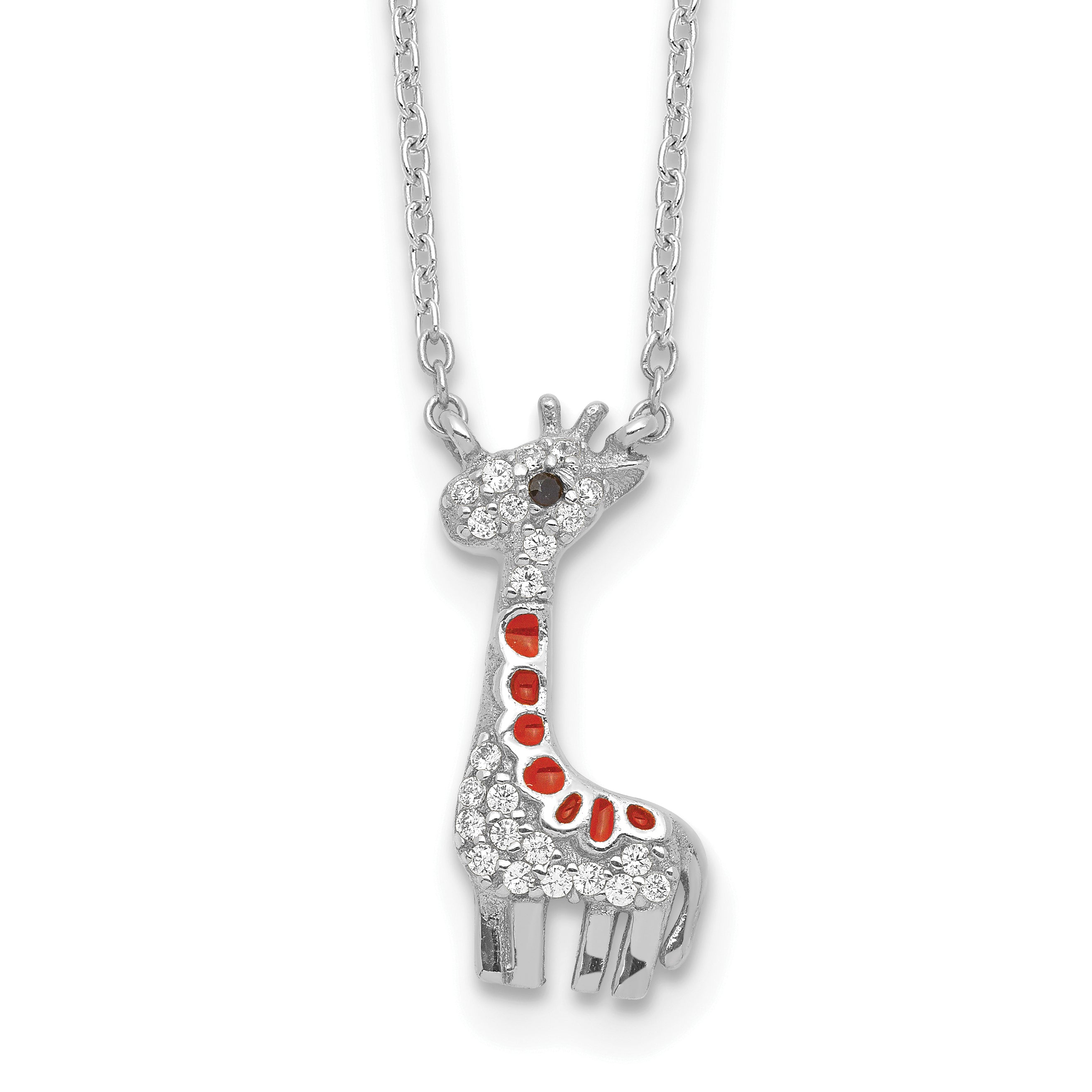 Cheryl M Sterling Silver Rhodium-plated Polished and Enameled Black and White CZ Giraffe 16 Inch with 2 Inch Extension Necklace