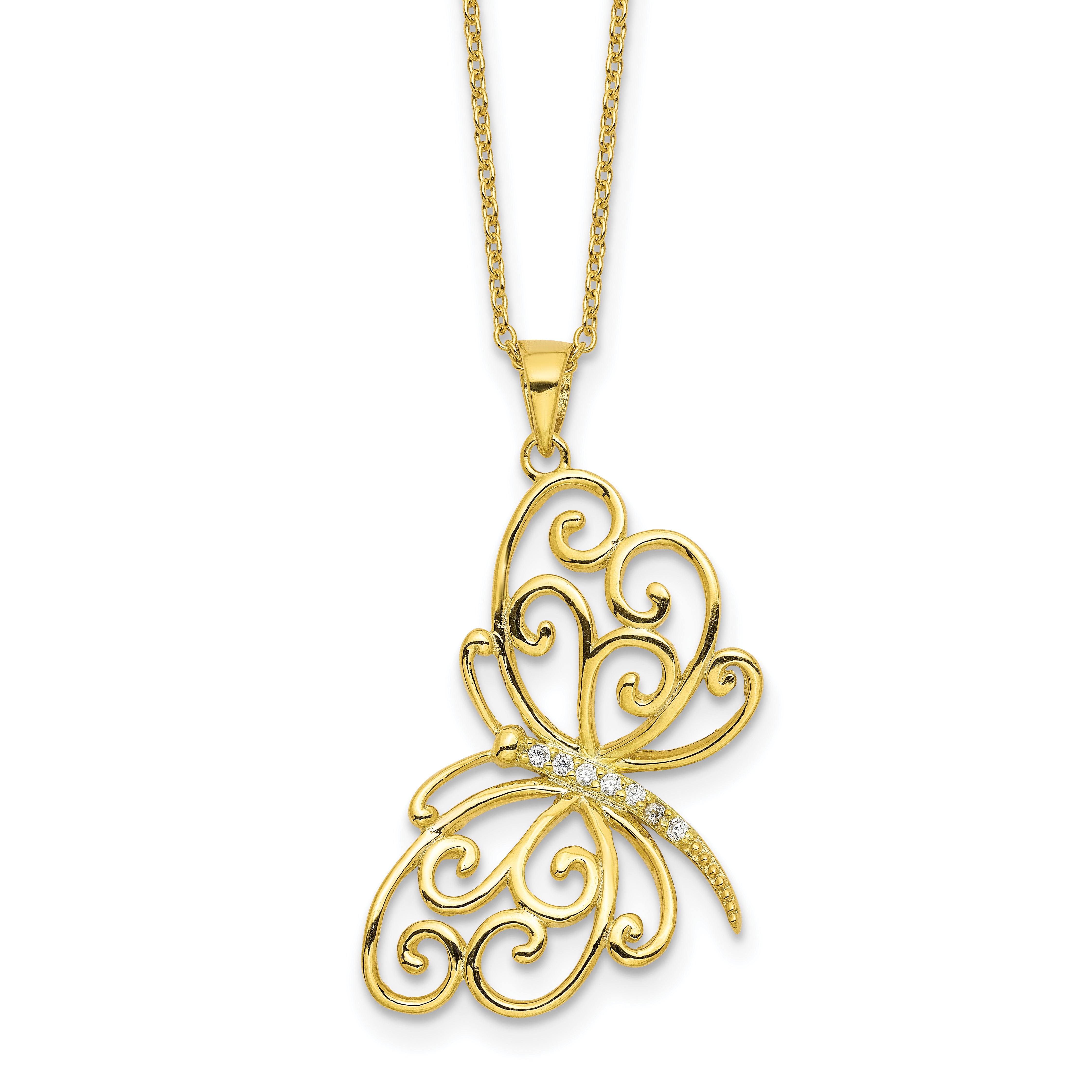 Cheryl M Sterling Silver Gold-plated Polished CZ Butterfly 16 Inch with 2 Inch Extension Necklace