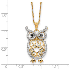 Cheryl M Sterling Silver Gold-plated Polished Black and White CZ Owl 16 Inch with 2 Inch Extension Necklace