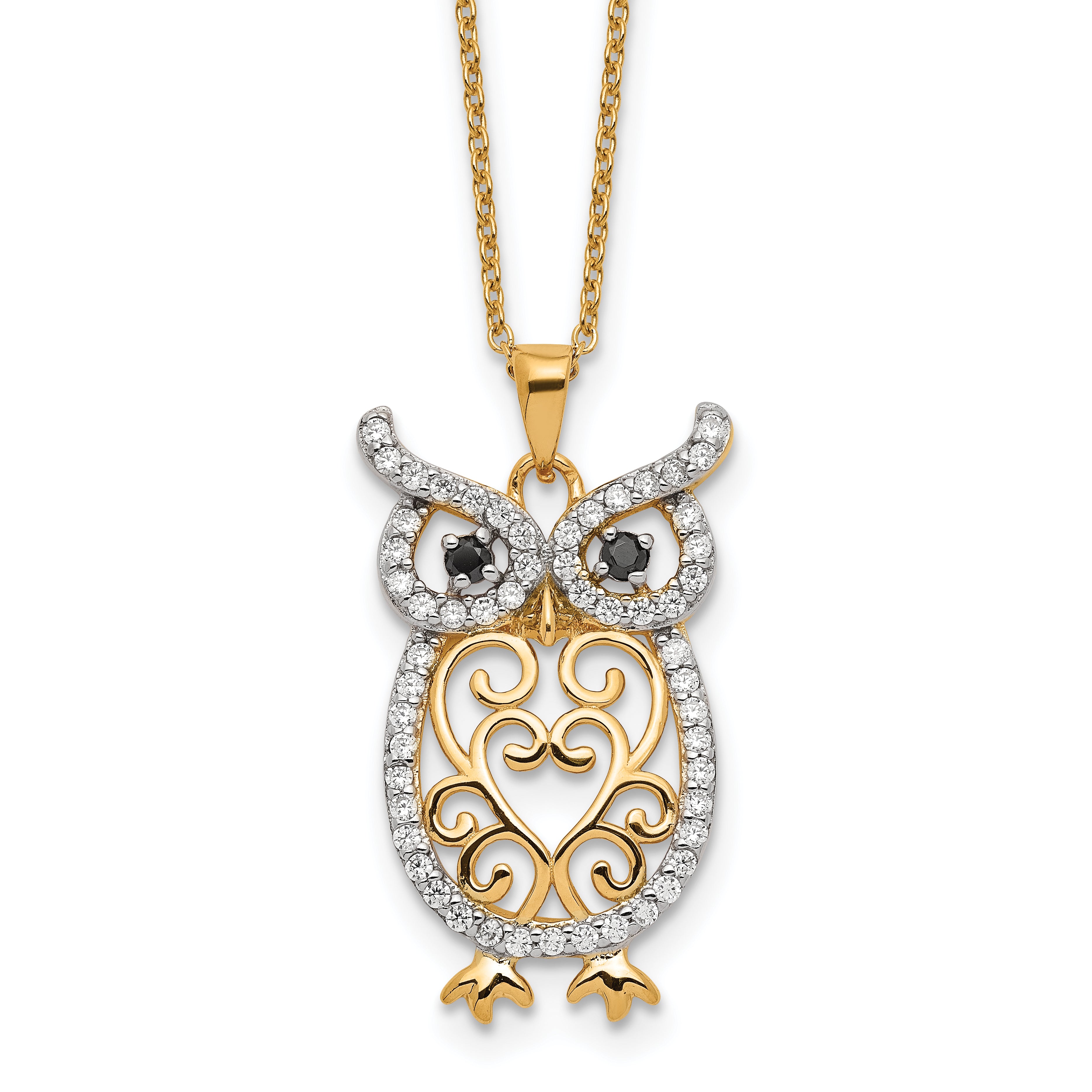 Cheryl M Sterling Silver Gold-plated Polished Black and White CZ Owl 16 Inch with 2 Inch Extension Necklace