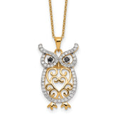 Cheryl M Sterling Silver Gold-plated Polished Black and White CZ Owl 16 Inch with 2 Inch Extension Necklace