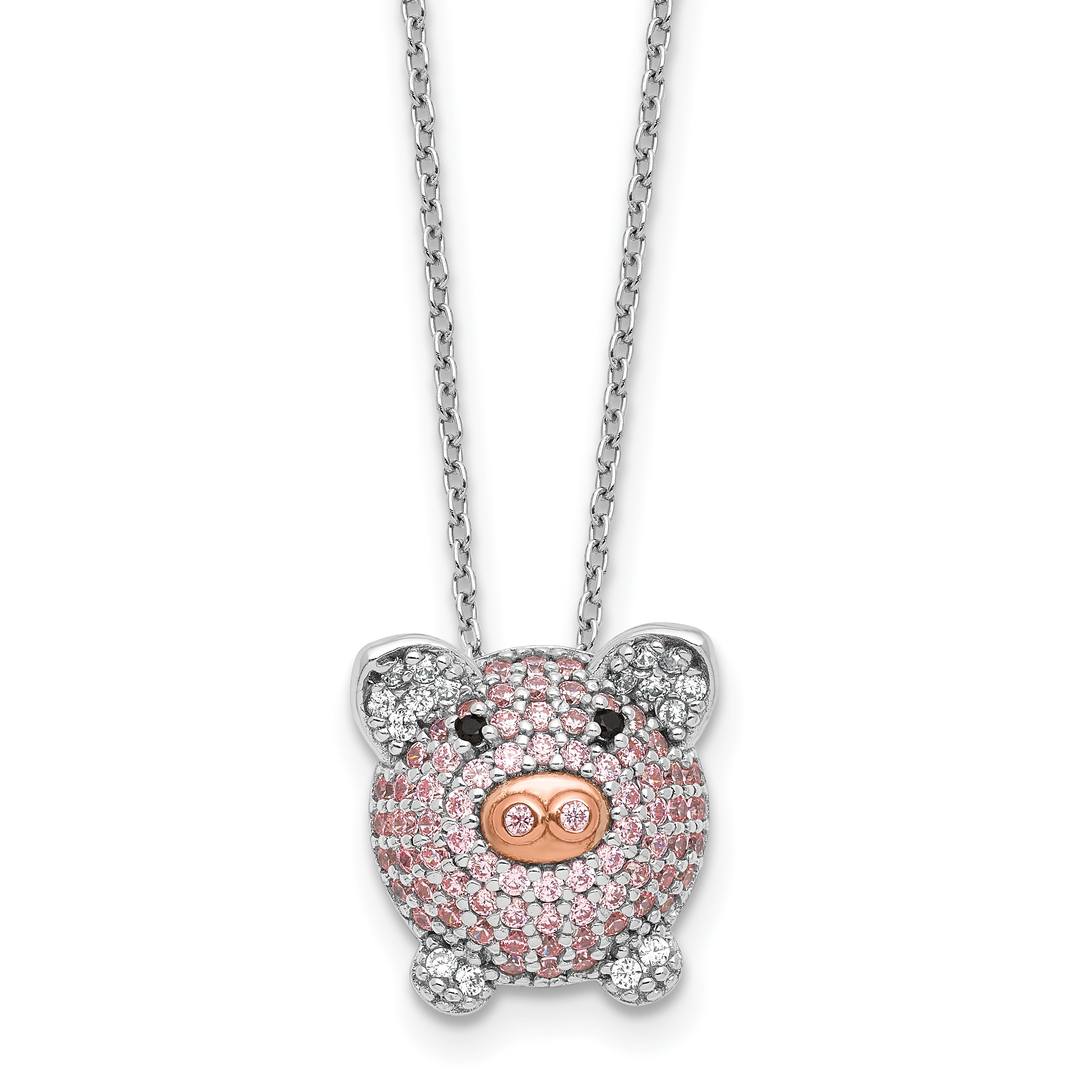 Cheryl M Sterling Silver Rhodium and Rose Gold-plated Polished Multicolor CZ Pig 16 Inch with 2 Inch Extension Necklace