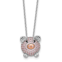 Cheryl M Sterling Silver Rhodium and Rose Gold-plated Polished Multicolor CZ Pig 16 Inch with 2 Inch Extension Necklace