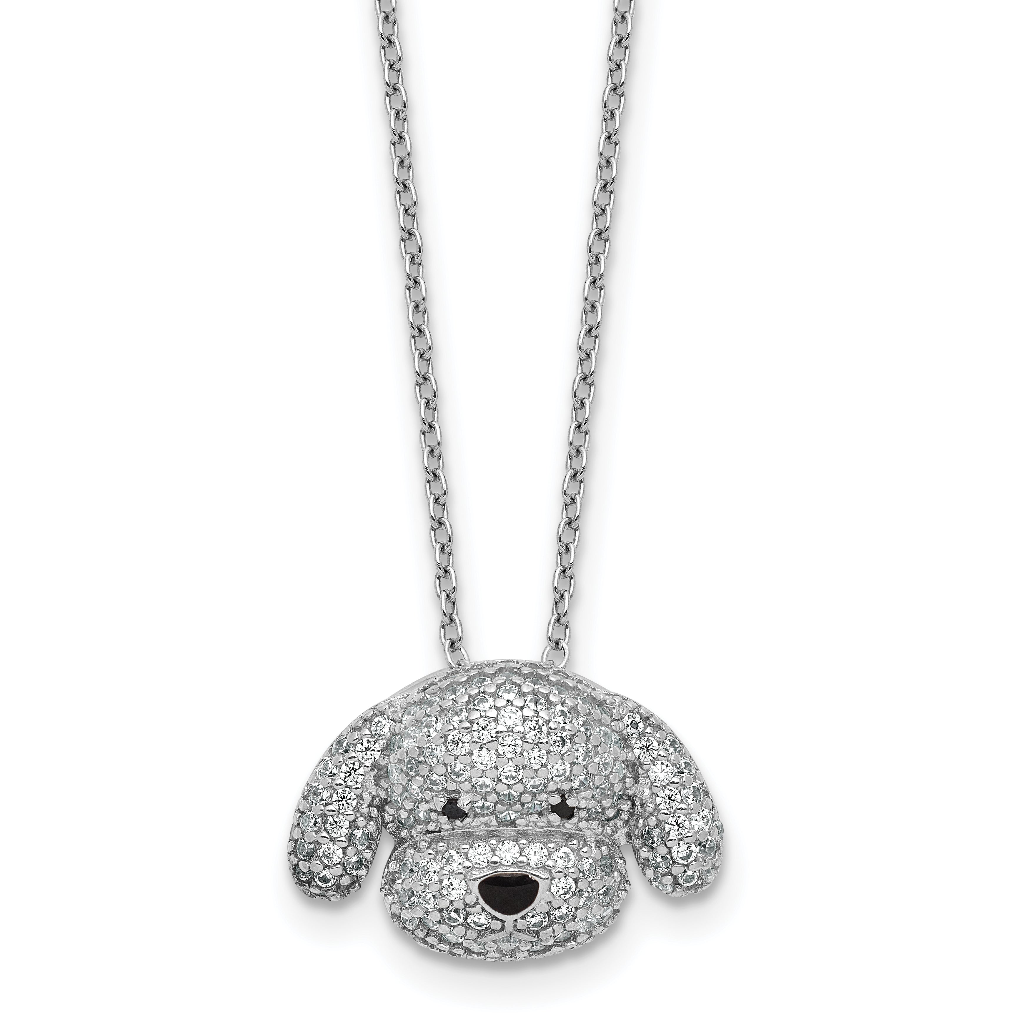 Cheryl M Sterling Silver Rhodium-plated Polished and Enameled Black and White CZ Dog 16 Inch with 2 Inch Extension Necklace
