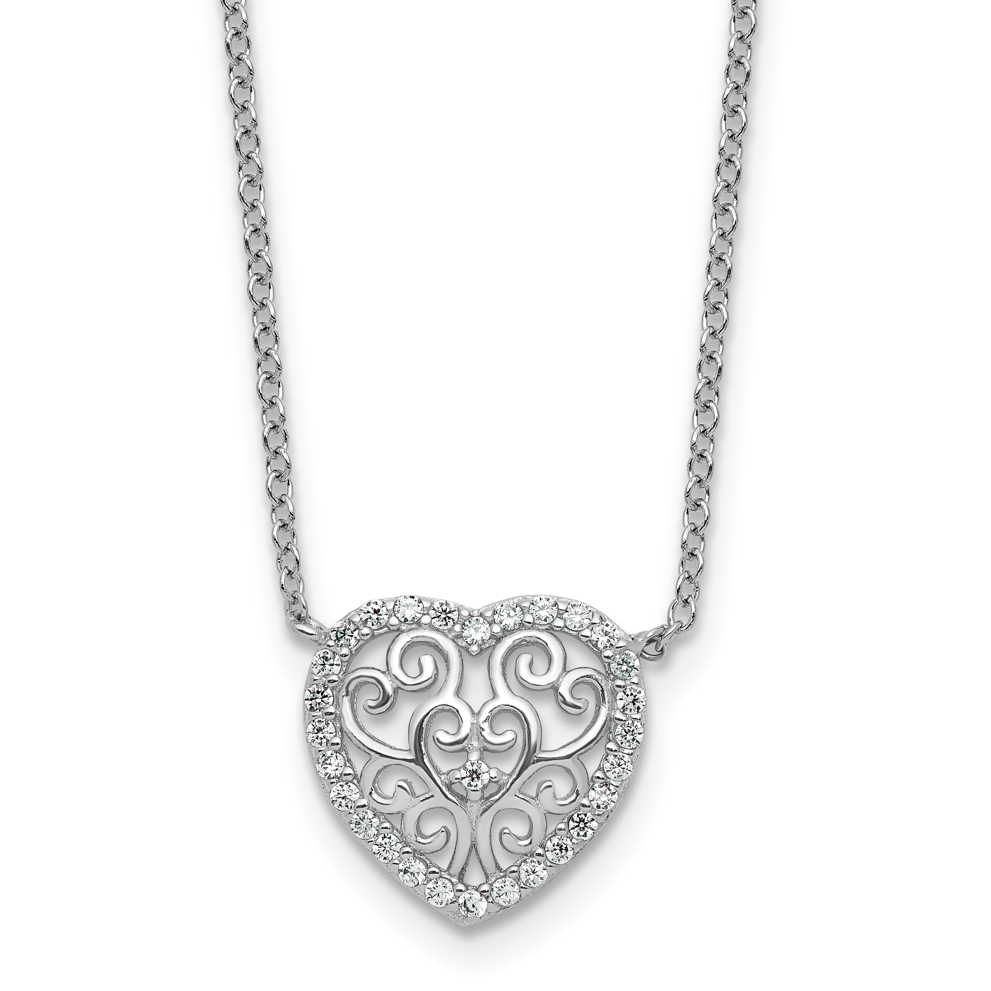 Cheryl M Sterling Silver Rhodium-plated Polished Filigree CZ Heart 16 Inch with 2 Inch Extension Necklace