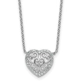 Cheryl M Sterling Silver Rhodium-plated Polished Filigree CZ Heart 16 Inch with 2 Inch Extension Necklace
