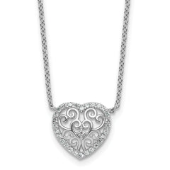 Cheryl M Sterling Silver Rhodium-plated Polished Filigree CZ Heart 16 Inch with 2 Inch Extension Necklace
