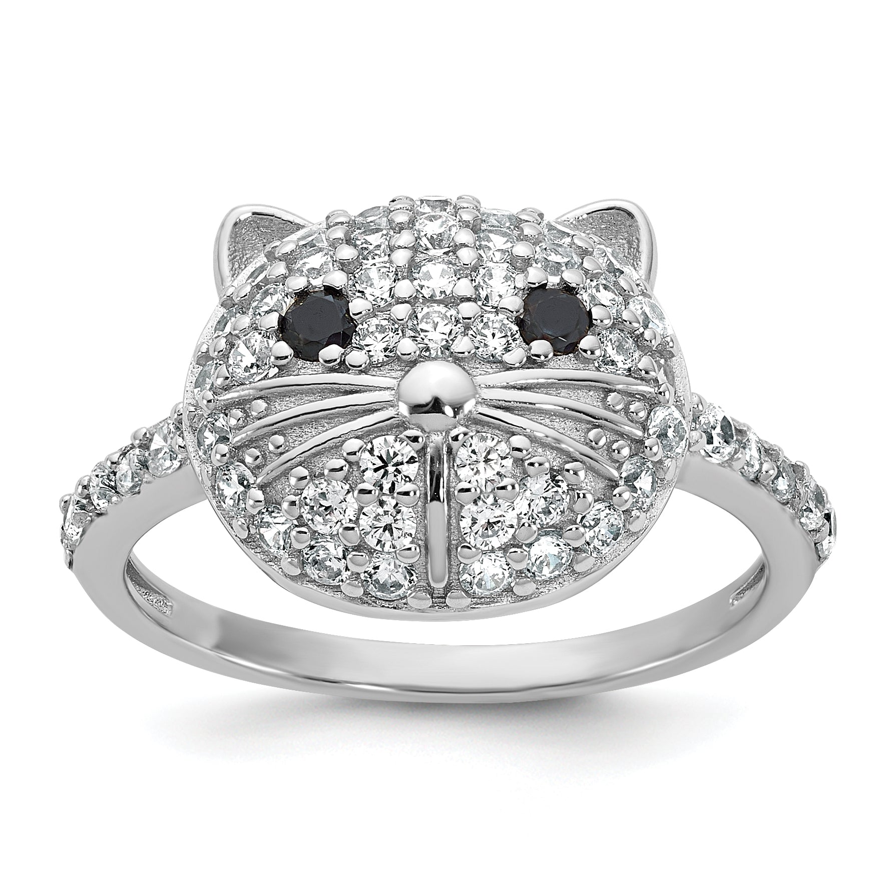 Cheryl M Sterling Silver Rhodium-plated Polished Black and White CZ Cat Ring