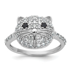 Cheryl M Sterling Silver Rhodium-plated Polished Black and White CZ Cat Ring