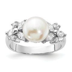 Cheryl M Sterling Silver Rhodium-plated Polished CZ and Freshwater Cultured Pearl Ring