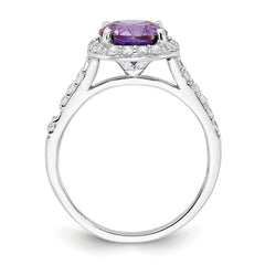 Cheryl M Sterling Silver Rhodium-plated Polished Purple and White CZ Round Halo Ring