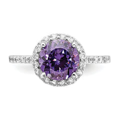 Cheryl M Sterling Silver Rhodium-plated Polished Purple and White CZ Round Halo Ring