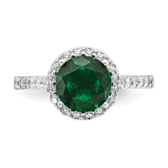 Cheryl M Sterling Silver Rhodium-plated Polished Green Glass and CZ Round Halo Ring