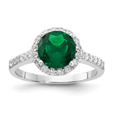 Cheryl M Sterling Silver Rhodium-plated Polished Green Glass and CZ Round Halo Ring