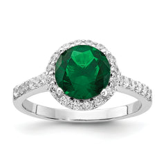 Cheryl M Sterling Silver Rhodium-plated Polished Green Glass and CZ Round Halo Ring