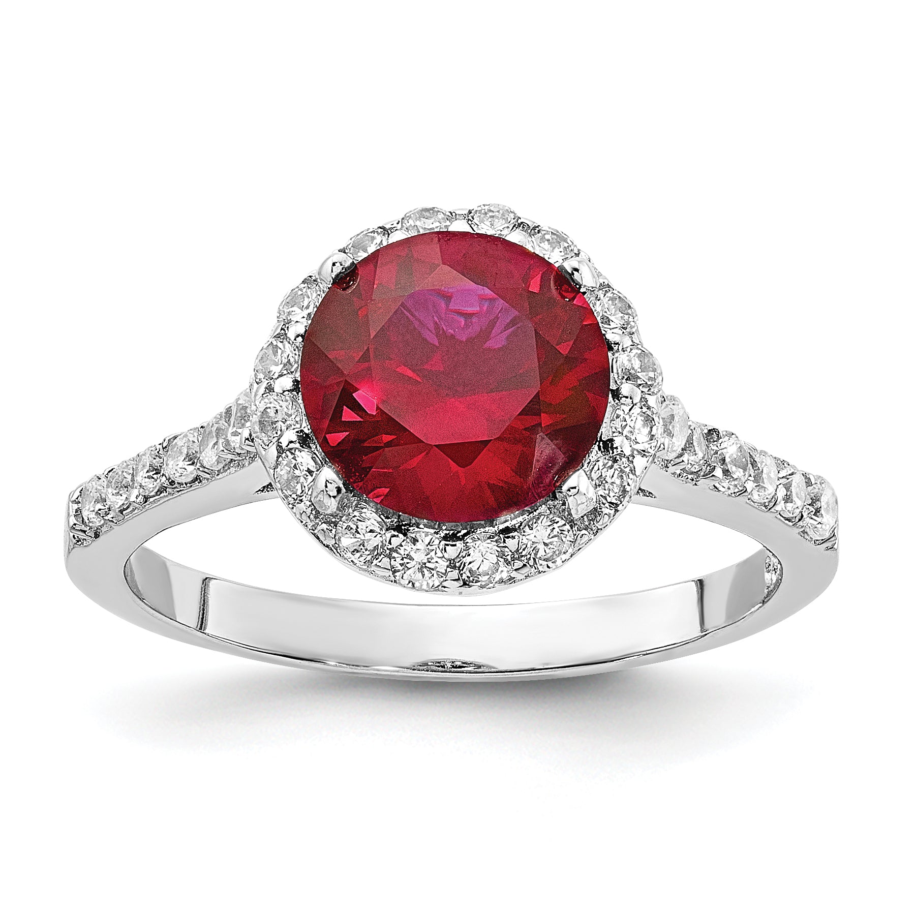 Cheryl M Sterling Silver Rhodium-plated Polished Lab Created Ruby and CZ Round Halo Ring