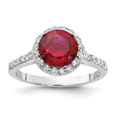 Cheryl M Sterling Silver Rhodium-plated Polished Lab Created Ruby and CZ Round Halo Ring