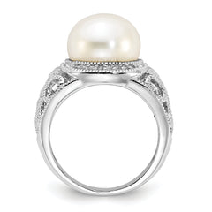 Cheryl M Sterling Silver Rhodium-plated Polished and Textured CZ and Freshwater Cultured Pearl Ring