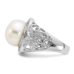 Cheryl M Sterling Silver Rhodium-plated Polished and Textured CZ and Freshwater Cultured Pearl Ring