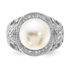 Cheryl M Sterling Silver Rhodium-plated Polished and Textured CZ and Freshwater Cultured Pearl Ring