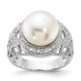 Cheryl M Sterling Silver Rhodium-plated Polished and Textured CZ and Freshwater Cultured Pearl Ring