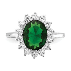 Cheryl M Sterling Silver Rhodium-plated Polished Green Glass and CZ Oval Halo Ring
