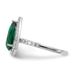 Cheryl M Sterling Silver Rhodium-plated Polished Green Glass and CZ Teardrop Halo Ring