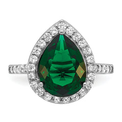 Cheryl M Sterling Silver Rhodium-plated Polished Green Glass and CZ Teardrop Halo Ring